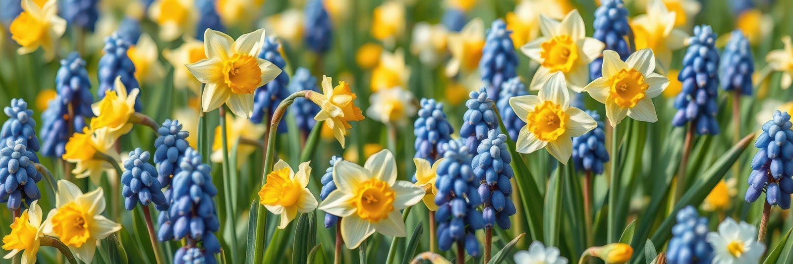 Colorful spring garden featuring bright daffodils and grape hyacinths blooming in a vibrant display